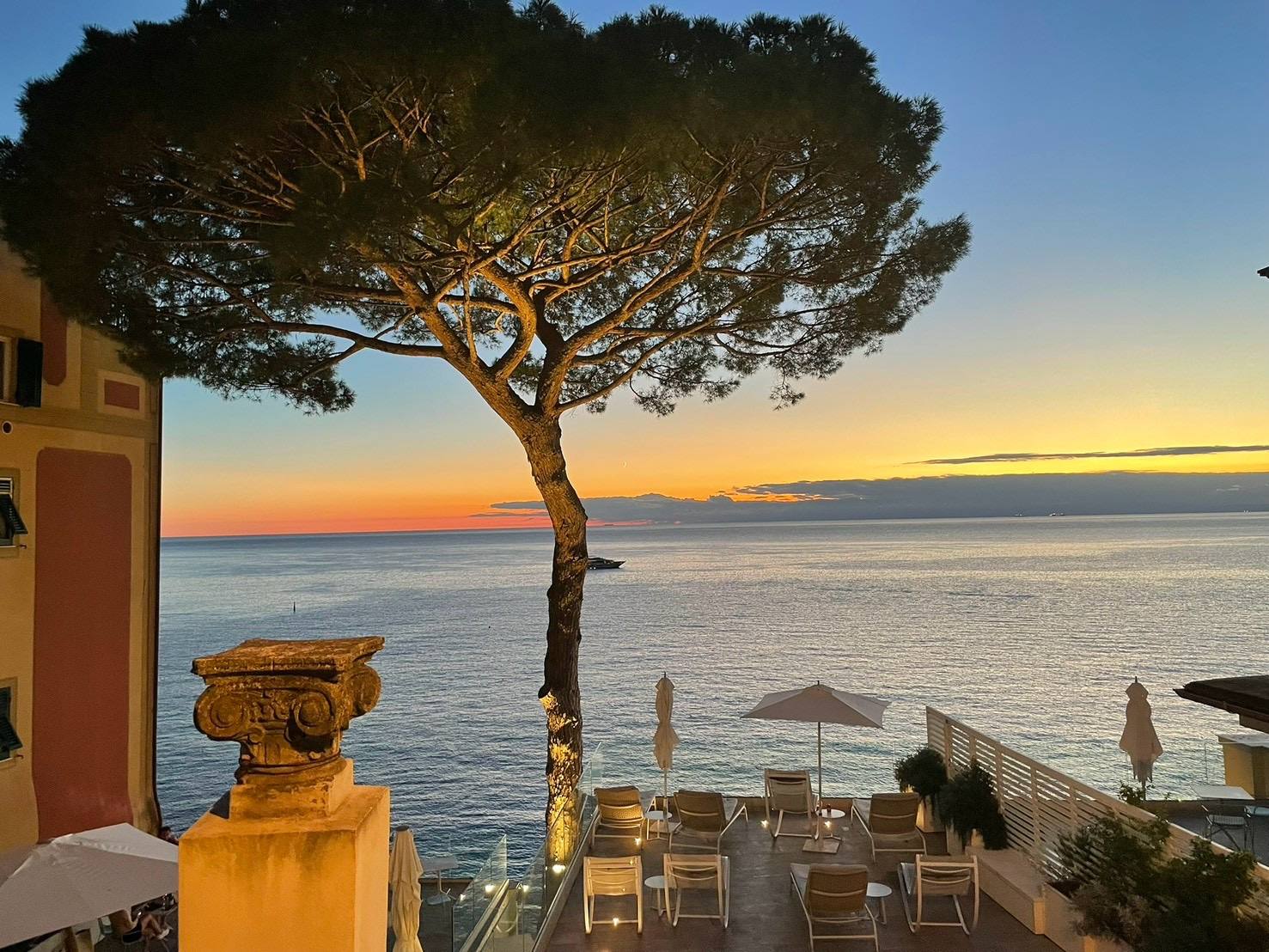 夕暮れの海と松 — イタリアの海辺