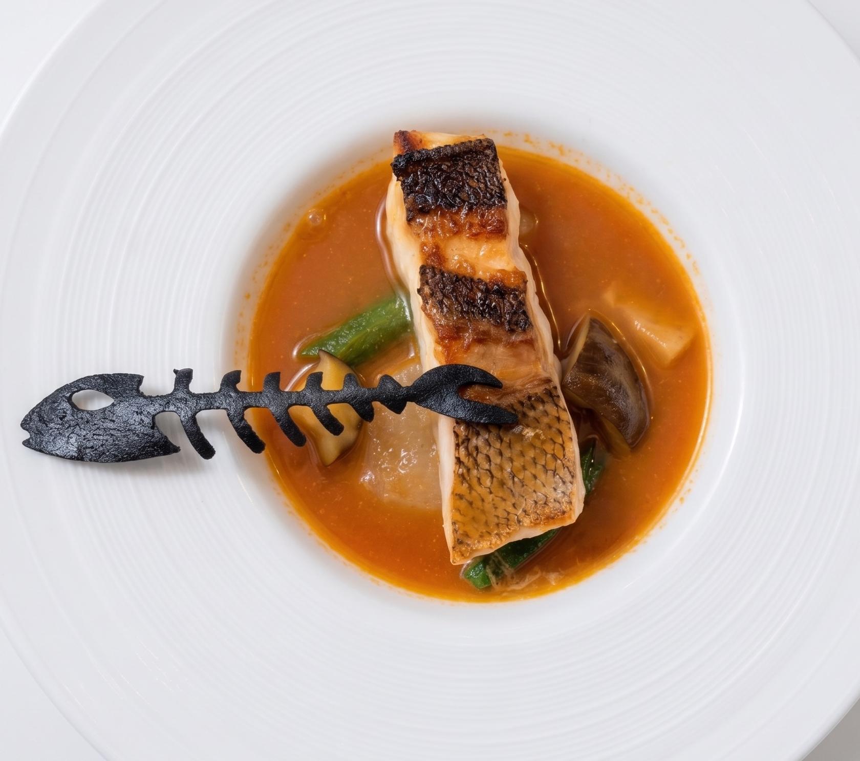 お魚のスープ — 焼いた魚と琥珀のスープ、魚の骨を模した飾り（イメージ）